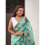 Women's Linen Printed Saree With Unstitched Blouse 5.5Mtr (Green) - Image 4