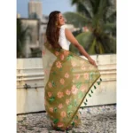 Women's Linen Printed Saree With Unstitched Blouse 5.5Mtr (Mahendi) - Image 2