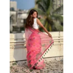 Women's Linen Printed Saree With Unstitched Blouse 5.5Mtr (Pink) - Image 2