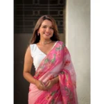 Women's Linen Printed Saree With Unstitched Blouse 5.5Mtr (Pink) - Image 4