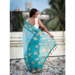 Women's Linen Printed Saree With Unstitched Blouse 5.5Mtr (Aqua) - Image 2