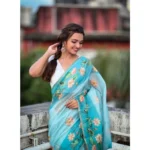 Women's Linen Printed Saree With Unstitched Blouse 5.5Mtr (Aqua) - Image 4