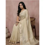 Women's Cotton Printed Saree With Unstitched Blouse 5.5Mtr (Cream) - Image 3