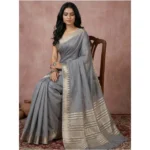 Women's Cotton Printed Saree With Unstitched Blouse 5.5Mtr (Gray) - Image 3