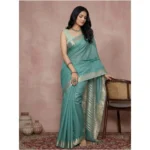 Women's Cotton Printed Saree With Unstitched Blouse 5.5Mtr (Teal) - Image 3