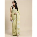Women's Linen Cotton Printed Saree With Unstitched Blouse 5.5Mtr (Olive Green) - Image 4