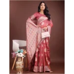 Women's Linen Cotton Printed Saree With Unstitched Blouse 5.5Mtr (Pink) - Image 3