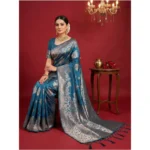 Women's Silk Blend Printed Saree With Unstitched Blouse 5.5Mtr (Teal Blue) - Image 3