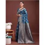 Women's Banarasi Silk Printed Saree With Unstitched Blouse 5.5Mtr (Teal Blue) - Image 4