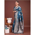 Women's Banarasi Silk Printed Saree With Unstitched Blouse 5.5Mtr (Teal Blue) - Image 4