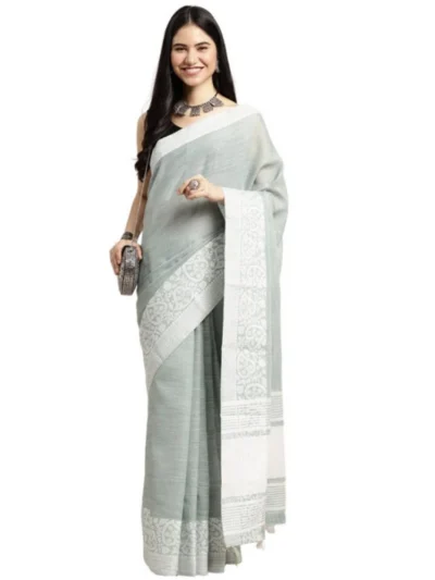 Women's Linen Printed Saree With Unstitched Blouse 5.5Mtr (Sea Green)