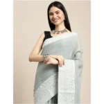Women's Linen Printed Saree With Unstitched Blouse 5.5Mtr (Sea Green) - Image 4