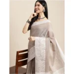 Women's Linen Printed Saree With Unstitched Blouse 5.5Mtr (Beige) - Image 4