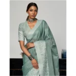 Women's Linen Printed Saree With Unstitched Blouse 5.5Mtr (Sea Green) - Image 2
