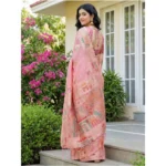 Women's Linen Cotton Printed Saree With Unstitched Blouse 5.5Mtr (Pink) - Image 2