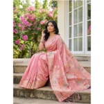 Women's Linen Cotton Printed Saree With Unstitched Blouse 5.5Mtr (Pink) - Image 4