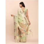 Women's Linen Cotton Printed Saree With Unstitched Blouse 5.5Mtr (Light Green) - Image 2