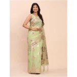 Women's Linen Cotton Printed Saree With Unstitched Blouse 5.5Mtr (Light Green) - Image 4