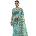 Women's Linen Cotton Printed Saree With Unstitched Blouse 5.5Mtr (Sea Green)