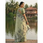 Women's Linen Cotton Printed Saree With Unstitched Blouse 5.5Mtr (Light Green) - Image 2