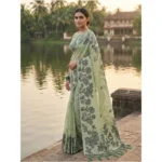 Women's Linen Cotton Printed Saree With Unstitched Blouse 5.5Mtr (Light Green) - Image 3