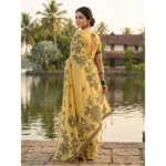 Women's Linen Cotton Printed Saree With Unstitched Blouse 5.5Mtr (Yellow) - Image 2
