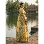 Women's Linen Cotton Printed Saree With Unstitched Blouse 5.5Mtr (Yellow) - Image 3