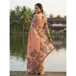 Women's Linen Cotton Printed Saree With Unstitched Blouse 5.5Mtr (Orange) - Image 2
