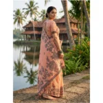 Women's Linen Cotton Printed Saree With Unstitched Blouse 5.5Mtr (Orange) - Image 3