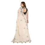 Women's Linen Cotton Printed Saree With Unstitched Blouse 5.5Mtr (Off White) - Image 3
