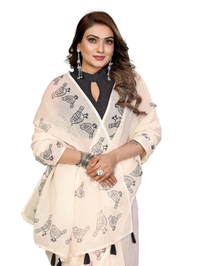 Women's Linen Cotton Printed Saree With Unstitched Blouse 5.5Mtr (Off White)