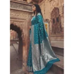 Women's Art Silk Printed Saree With Unstitched Blouse 5.5Mtr (Teal) - Image 4