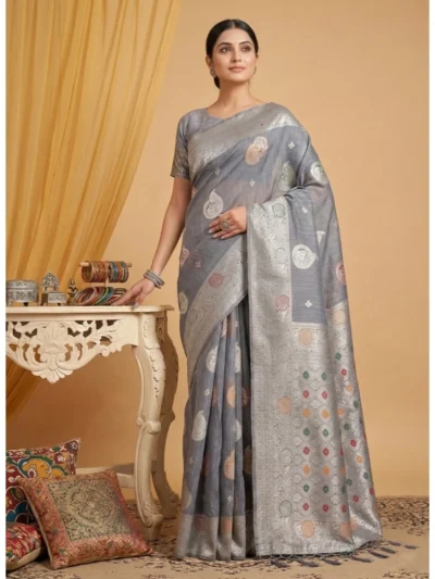 Women's Linen Cotton Printed Saree With Unstitched Blouse 5.5Mtr (Grey)