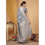 Women's Linen Cotton Printed Saree With Unstitched Blouse 5.5Mtr (Grey) - Image 3