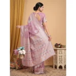 Women's Linen Cotton Printed Saree With Unstitched Blouse 5.5Mtr (Purple) - Image 3
