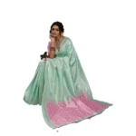 Women's Linen Cotton Printed Saree With Unstitched Blouse 5.5Mtr (Sea Green) - Image 4