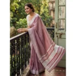 Women's Linen Striped Saree With Unstitched Blouse 5.5Mtr (Magenta)