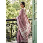 Women's Linen Striped Saree With Unstitched Blouse 5.5Mtr (Magenta) - Image 3