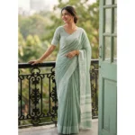 Women's Linen Striped Saree With Unstitched Blouse 5.5Mtr (Sea Green)