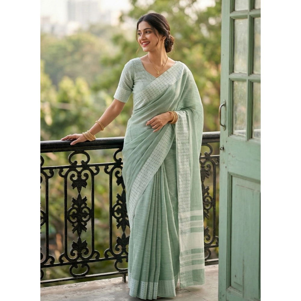 PID-67046-Women-s-Linen-Printed-Saree-With-Unstitched-Blouse-5-5-Mtr-Rama-1-1000x1000-1.webp Women's Linen Striped Saree With Unstitched Blouse 5.5Mtr (Sea Green) - Image 1
