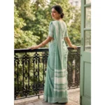 Women's Linen Striped Saree With Unstitched Blouse 5.5Mtr (Sea Green) - Image 3