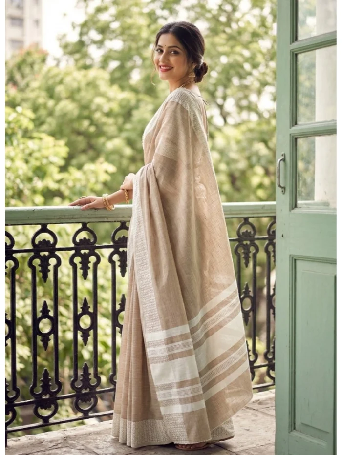 Women's Linen Striped Saree With Unstitched Blouse 5.5Mtr (Lite Brown)