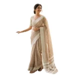 Women's Linen Striped Saree With Unstitched Blouse 5.5Mtr (Lite Brown) - Image 2