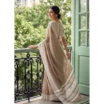 Women's Linen Striped Saree With Unstitched Blouse 5.5Mtr (Lite Brown) - Image 3