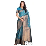 Women's Banarasi Silk Printed Saree With Unstitched Blouse 5.5Mtr (Blue) - Image 2