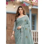 Women's Linen Embroidered Saree With Unstitched Blouse 5.5Mtr (Sea Green)
