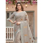 Women's Linen Embroidered Saree With Unstitched Blouse 5.5Mtr (Light Beige)