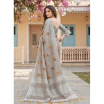 Women's Linen Embroidered Saree With Unstitched Blouse 5.5Mtr (Light Beige) - Image 3