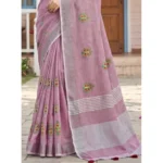 Women's Linen Embroidered Saree With Unstitched Blouse 5.5Mtr (Light Purple) - Image 4
