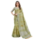 Women's Linen Embroidered Saree With Unstitched Blouse 5.5Mtr (Light Green) - Image 2
